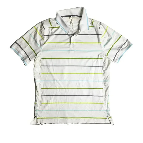 Lululemon Polo Shirt Size Large White Striped Octagon Logo Mesh Panels Men's - Picture 1 of 7
